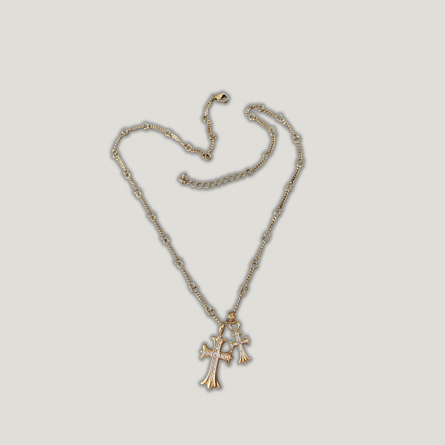Zircon Double Cross Pendant Necklace – Gold-Plated