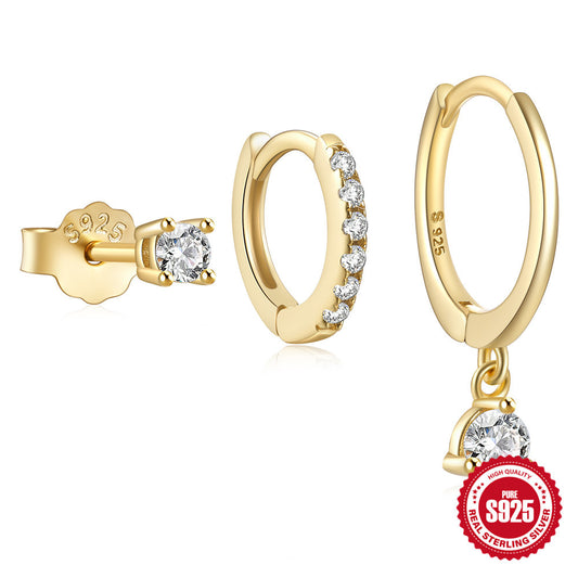 Daily 3-Piece Gold Earring Set – High Quality S925 Sterling Silver with Zircon Stones