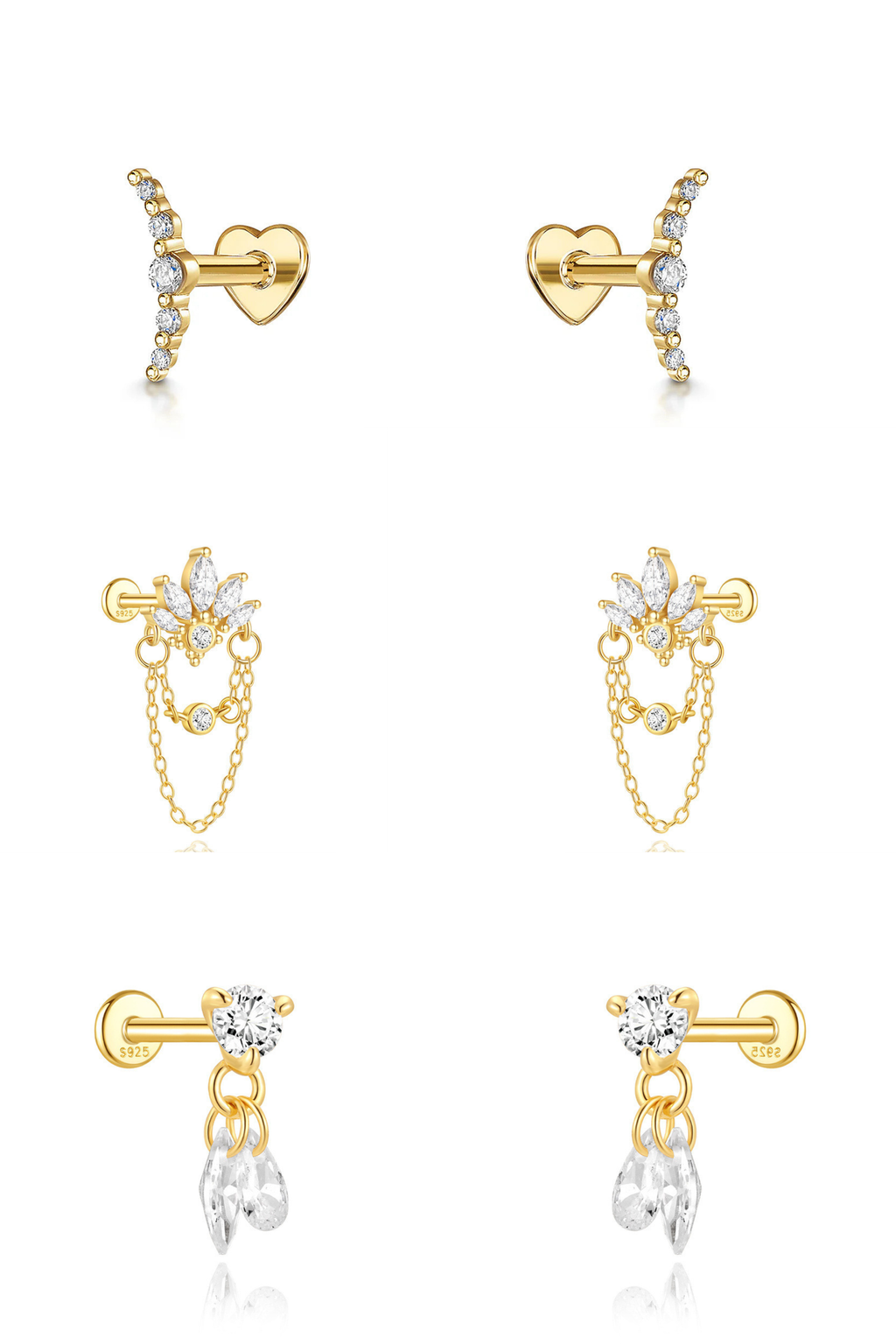 Gold Luxx, Flat back, Cartilage Earring 3 PIECE