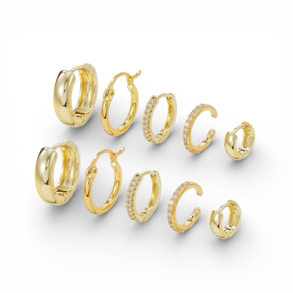 10 Piece set Gold Huggie & Hoop Earring Set Zircon