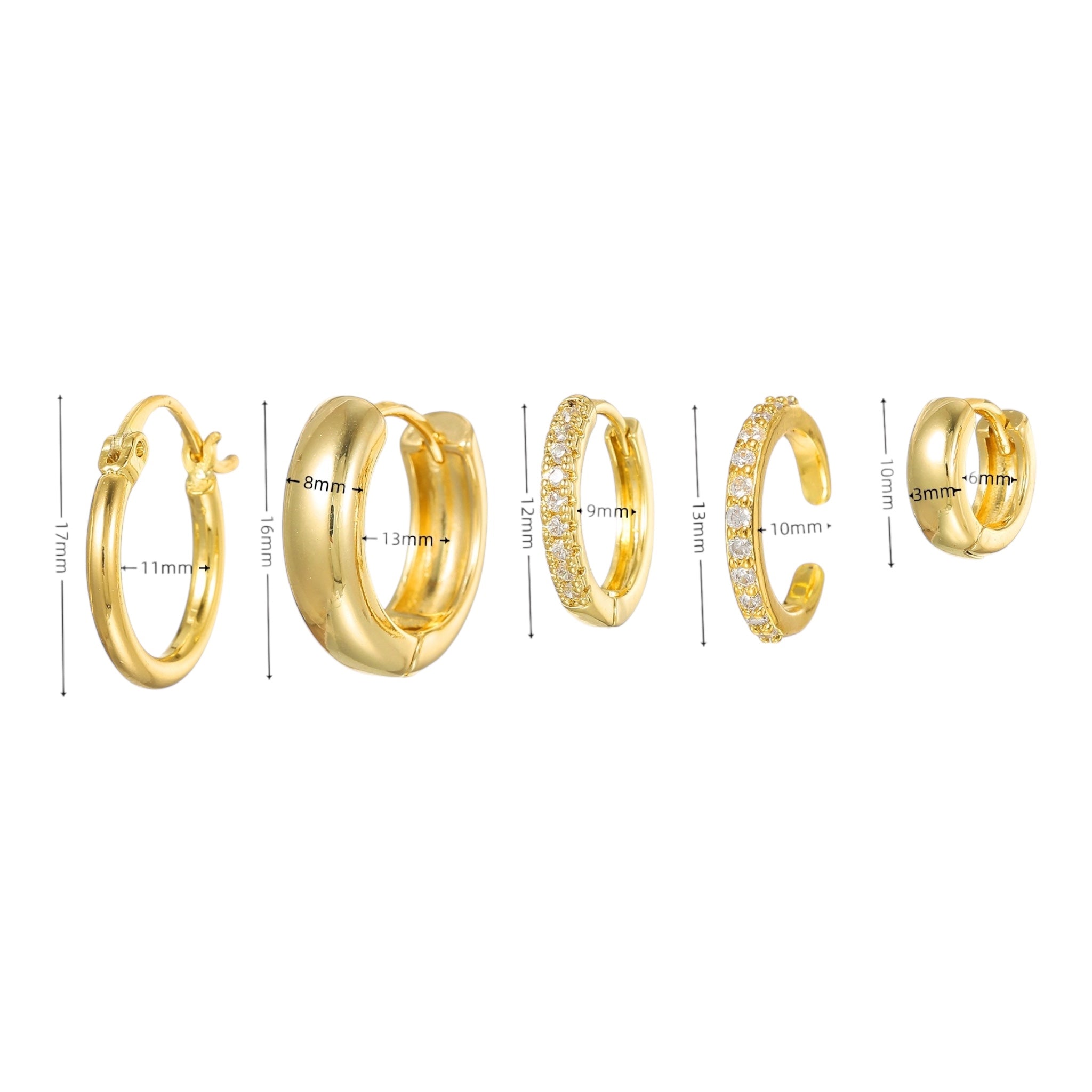 5 Pieces Gold Huggie & Hoop Earring Set – Zircon with measurements on each earring