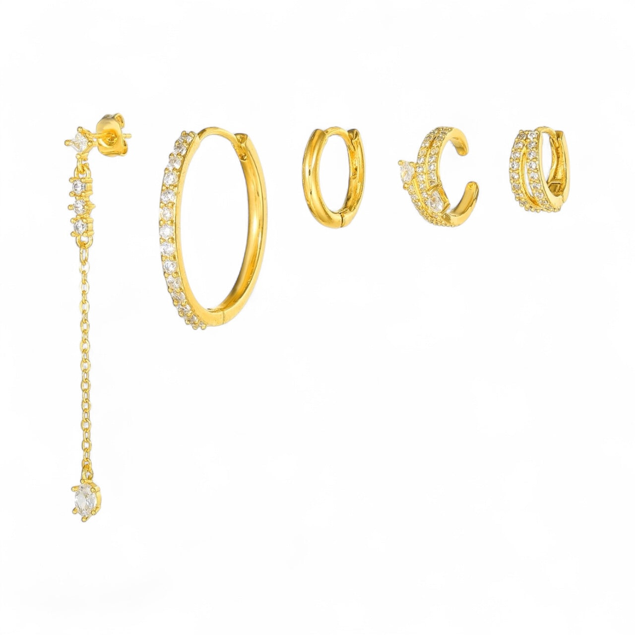 4 Gold Hoop & Stud Earrings Zircon Inlay