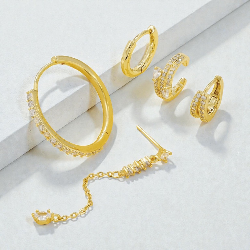 4 Gold Hoop & Stud Earrings Zircon Inlay