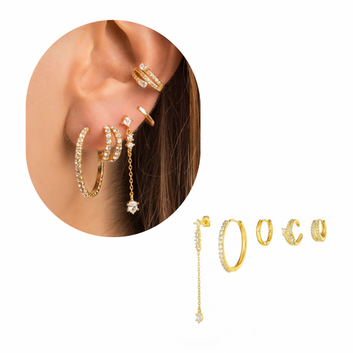 Persons ear wearing the Gold Hoop & Stud Earring Set with Zircon Inlay