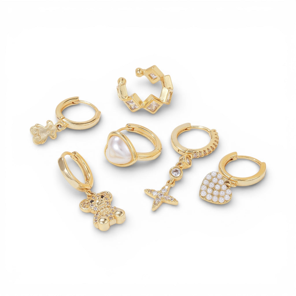 6 Piece Teddy & Charm Gold Earrings with Zircon and 925 Silver Ear Needle