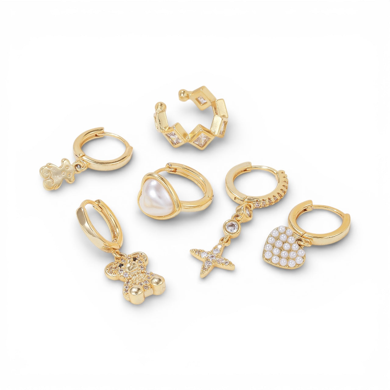 6 Piece Teddy & Charm Gold Earrings with Zircon and 925 Silver Ear Needle
