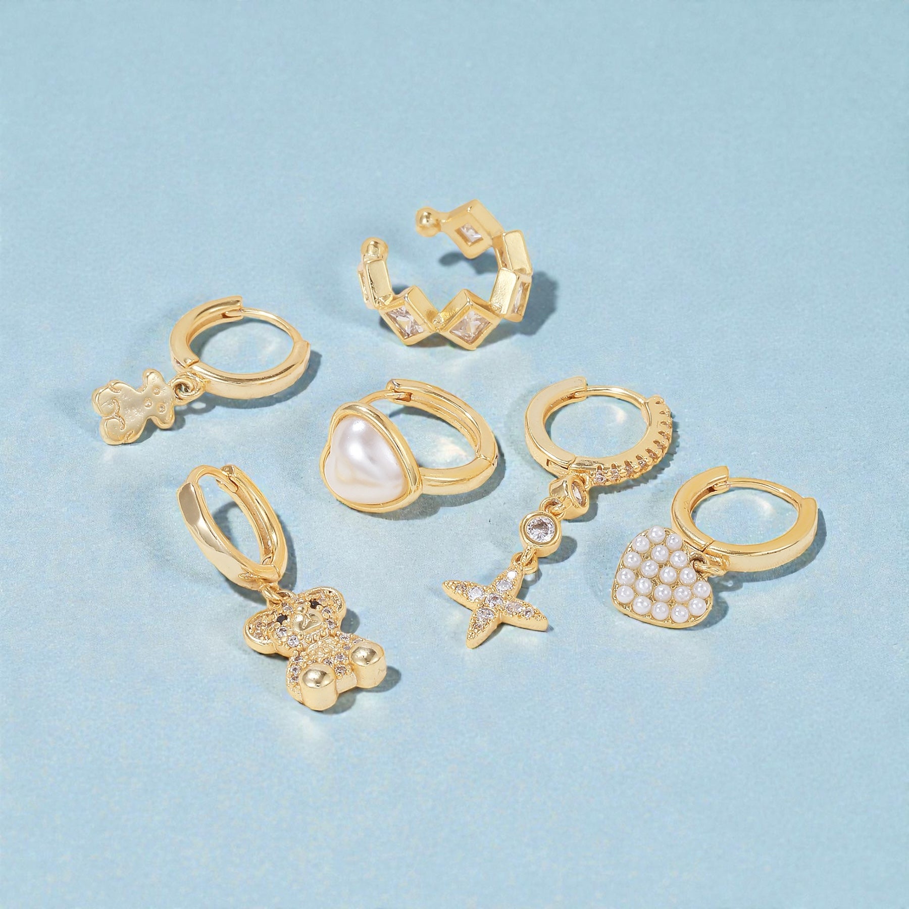 12 Piece Teddy & Charm Gold Earring Set with Zircon and 925 Silver Ear Needle