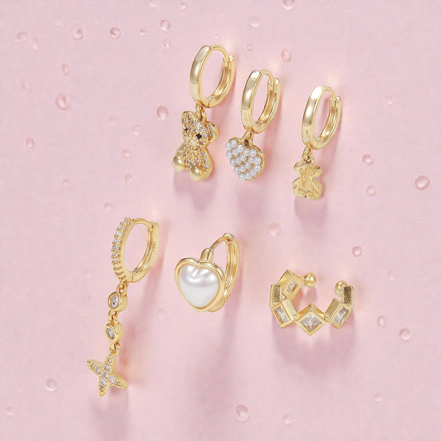 6 Piece Teddy & Charm Gold Earrings with Zircon and 925 Silver Ear Needle