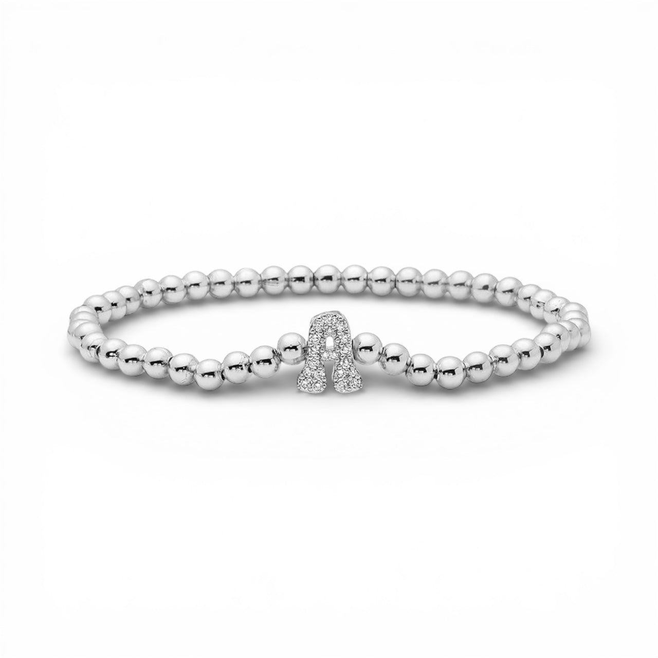 Beaded white Gold Initial Bracelet – Zircon Letter A (Elastic Fit)
