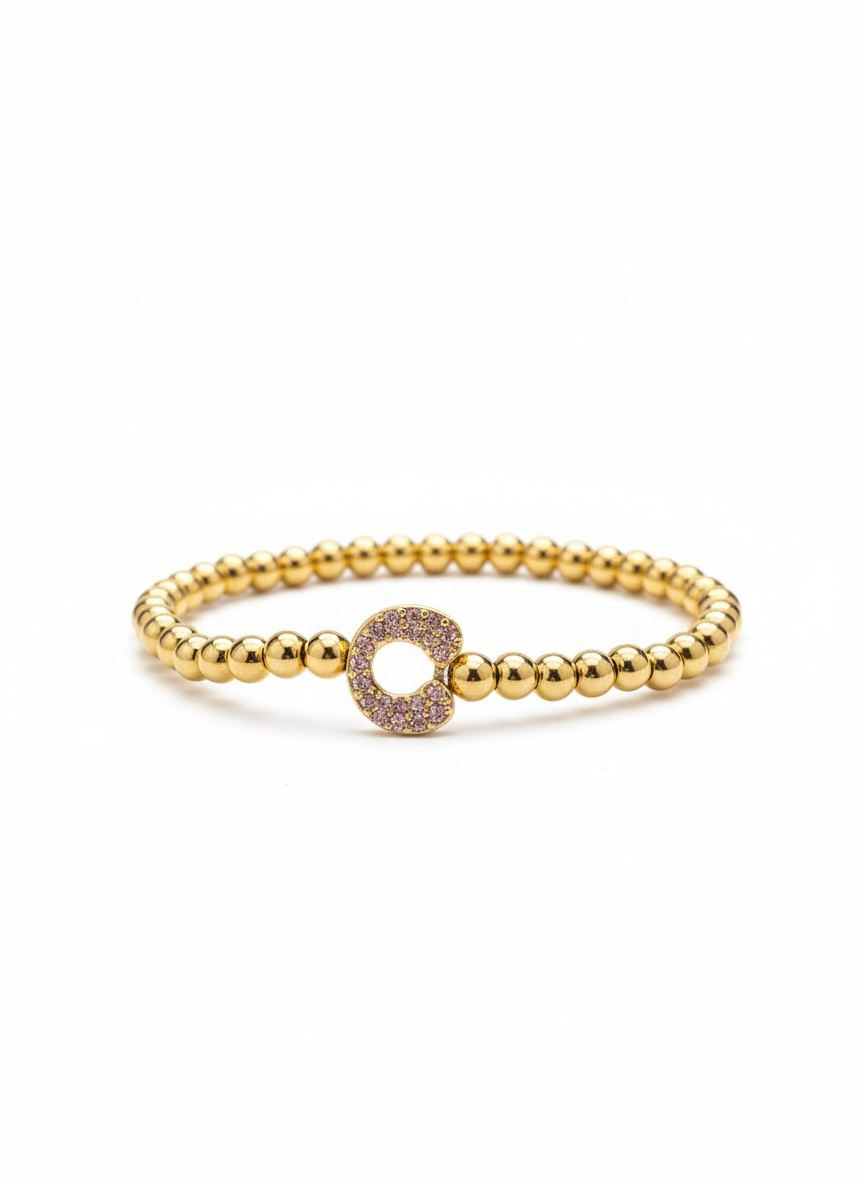 Beaded Gold Initial C Bracelet – Zircon Letter (Elastic Fit)