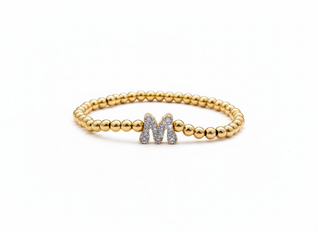 Beaded Gold Initial M Bracelet – Zircon Letter (Elastic Fit)