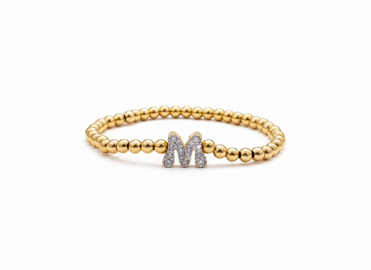 Beaded Gold Initial M Bracelet – Zircon Letter (Elastic Fit)