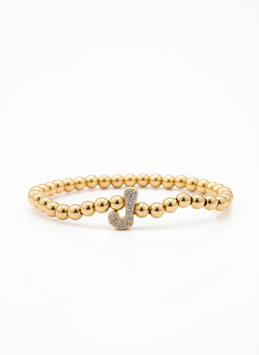 Beaded Gold Initial J Bracelet – Zircon Letter (Elastic Fit)
