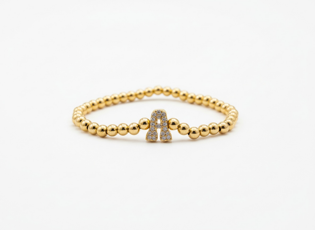 Beaded Gold Initial A Bracelet – Zircon Letter (Elastic Fit)