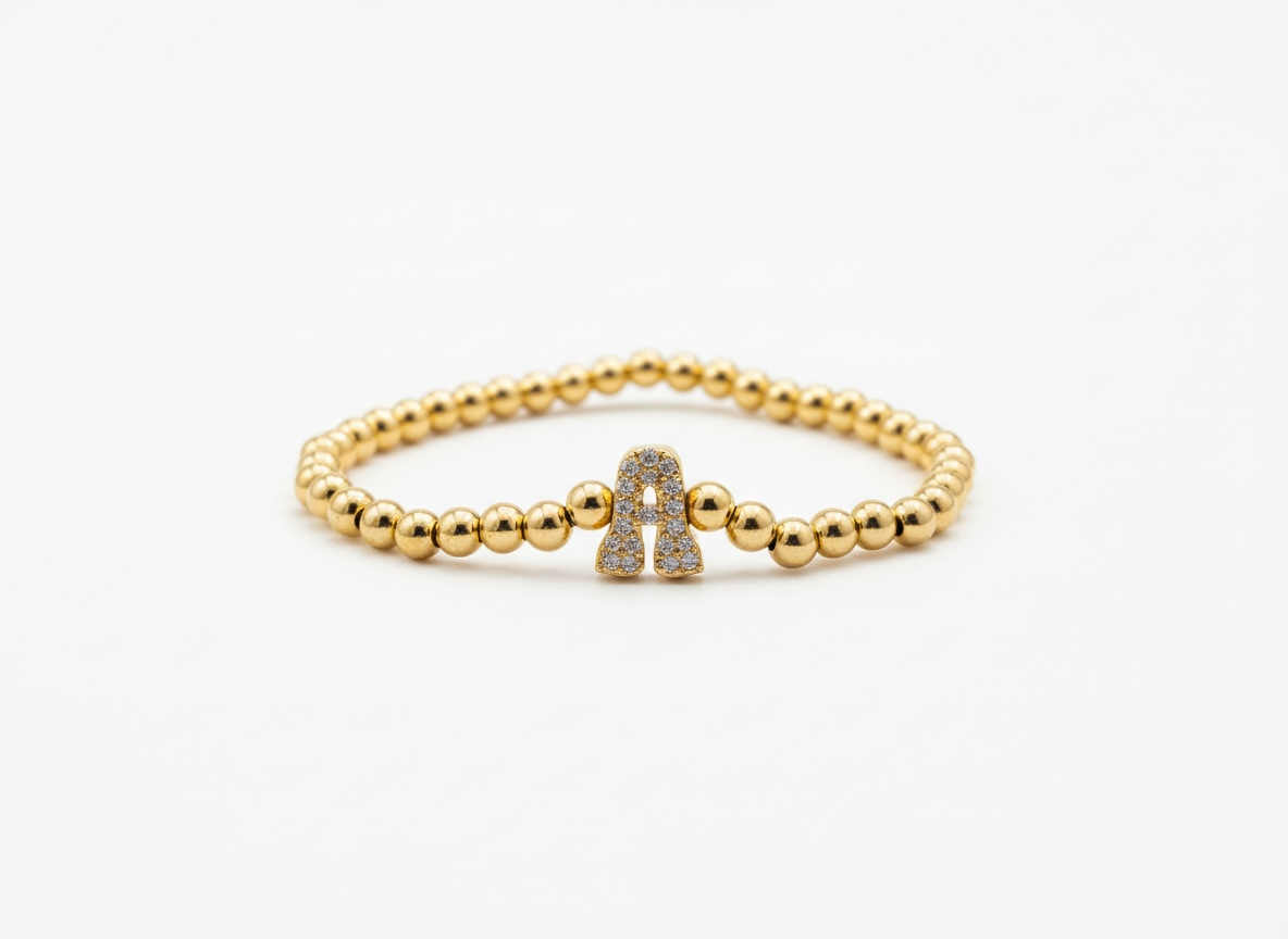 Beaded Gold Initial A Bracelet – Zircon Letter (Elastic Fit)