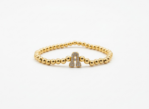 Beaded Gold Initial A Bracelet – Zircon Letter (Elastic Fit)