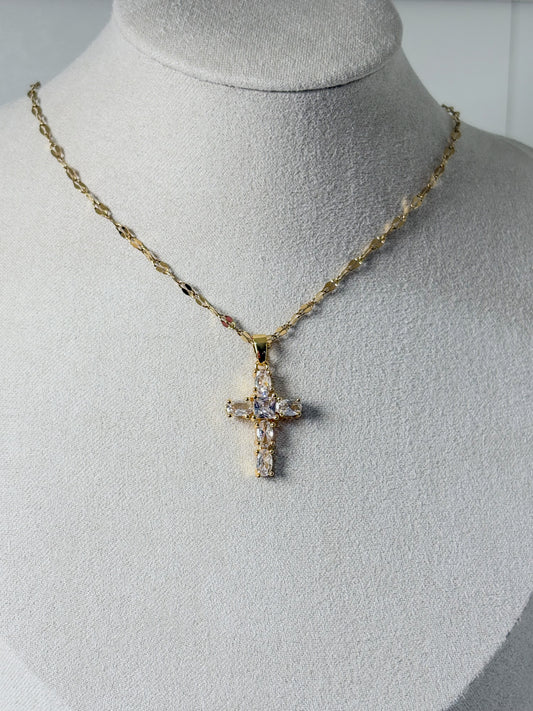 Zircon Cross Pendant Necklace – 18K Gold Plated Stainless Steel