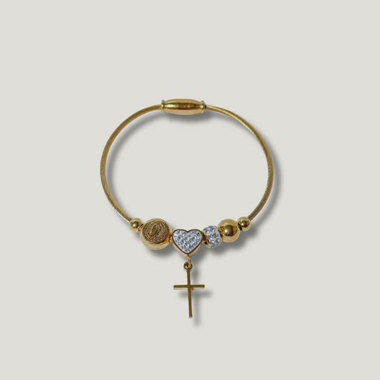 Elegant Virgin Mary Stamp; Cross Charm Bangle - Stainless Steel with Zircon Inlays