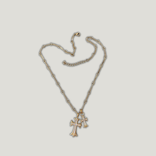 Zircon Double Cross Pendant Necklace – Gold-Plated