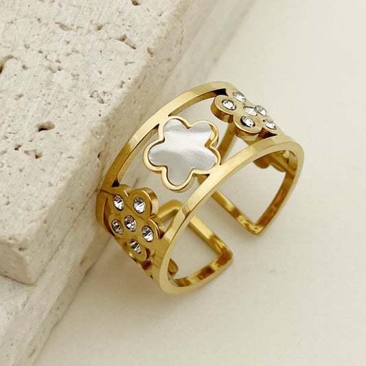 Floral-Inspired 14K Gold-Plated Zircon Ring - Stainless Steel with Mother-of-Pearl